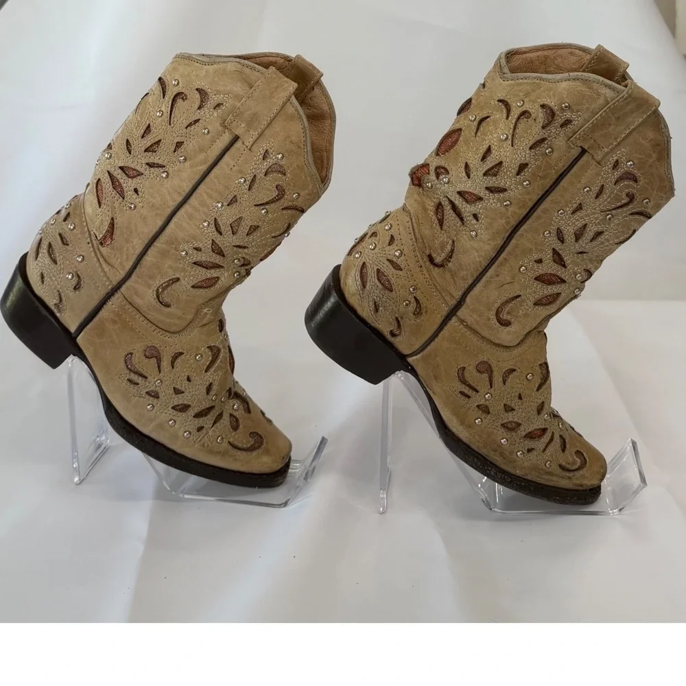 Girls Boho Western Glitter Inlay Cowboy Boots Beige Suede Size 2.5 Little Girls